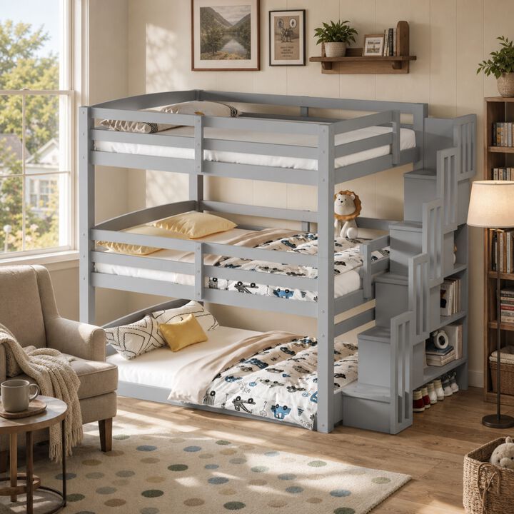 Whisen Full Size Triple Bunk Bed with Storage Staircase, Solid Pine for Kids Bedroom