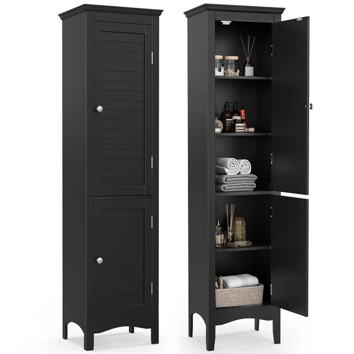 Costway Tall Bathroom Floor Cabinet Narrow Linen Tower with 2 Doors & Adjustable Shelf Grey