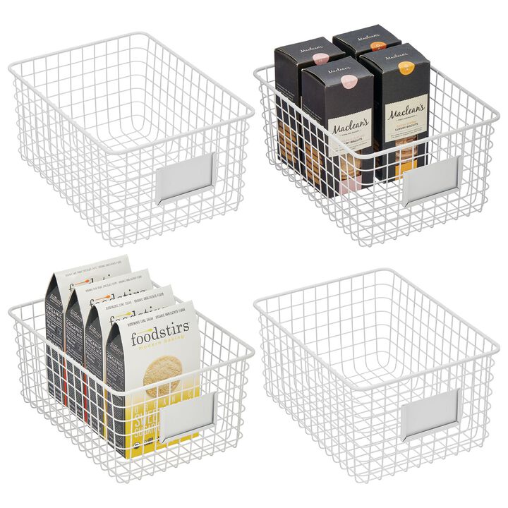 mDesign Large Steel Kitchen Organizer Basket with Label Slot, 4 Pack - White