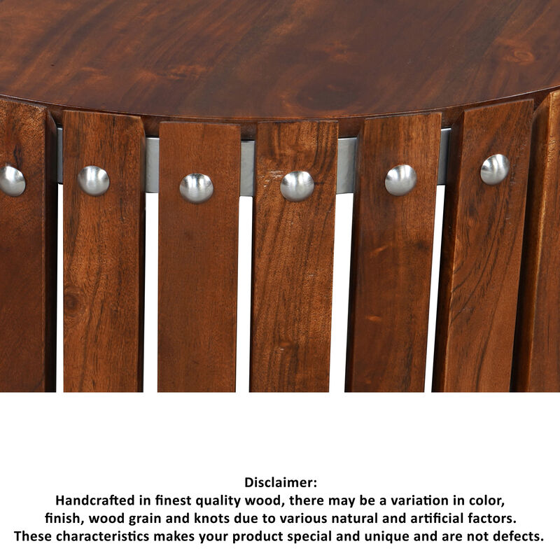 Myla 31 Inch Handcrafted Round Coffee Table with Vertical Planks, Iron Rivets, Dark Walnut Brown Acacia Wood