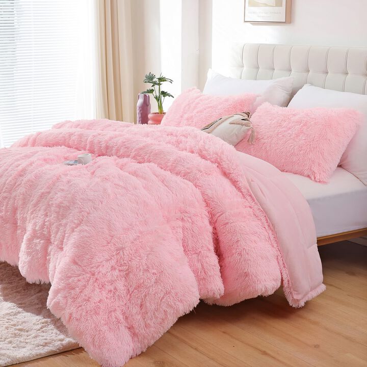 Smoofy Faux Fur Pink Comforter Set Queen Size 3Pcs Fluffy Fuzzy Plush Comforter Set Cute Soft Shaggy Velvet Double-Sided Bedding