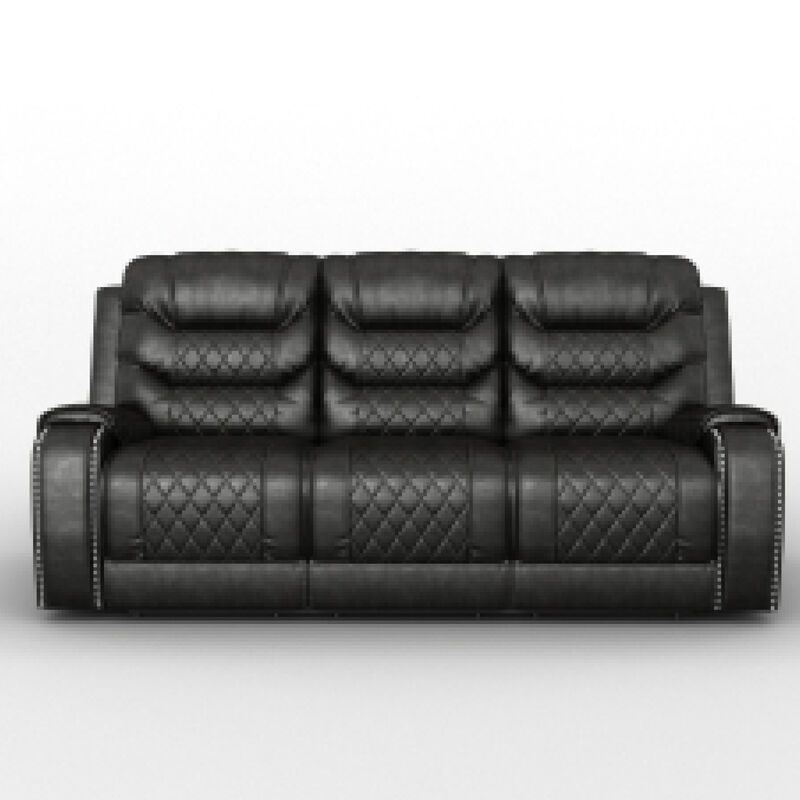 Paul Power Recliner Sofa, 87 Inch, Gray Faux Leather, Drop Down Table - Benjara image number 2