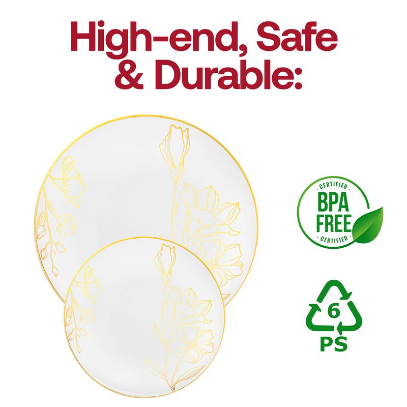 White with Gold Antique Floral Round Plastic Dinnerware Value Set (40 Sets) image number 5