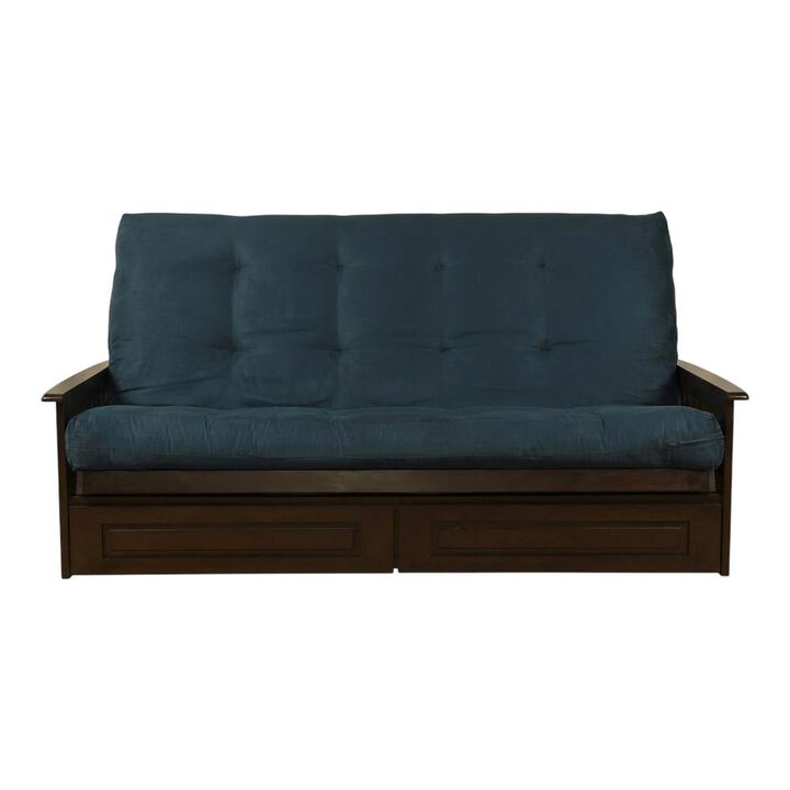 Phoenix Frame Queen-Espresso Finish-Suede Navy Mattress-Storage Drawers