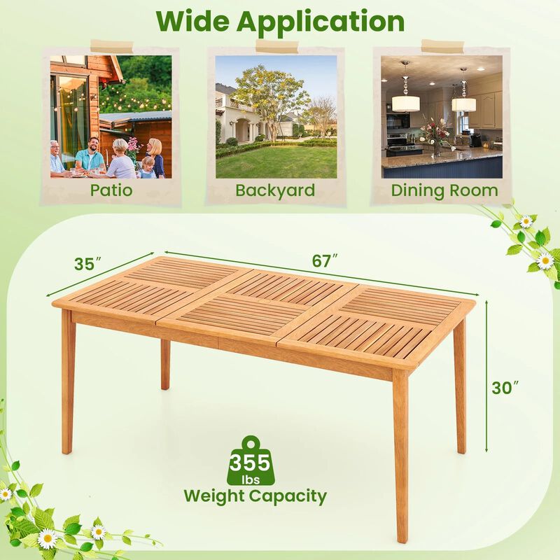 6-Person Outdoor Acacia Wood Rectangular Dining Table with Umbrella Hole image number 7