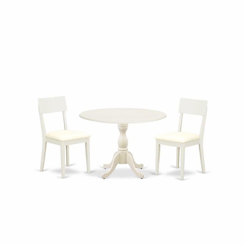 East West Furniture DMAD3-LWH-C 3 Piece Dinette Set Consists of 1 Drop Leaves Modern Dining Room Table and 2 Linen White Faux Leather Dining Room Chairs with Ladder Back - Linen White Finish