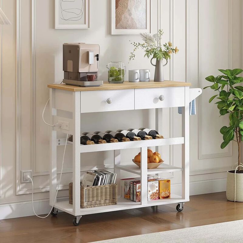 Rolling Kitchen Island with Storage Drawers and Built-In Charging Station- White image number 6