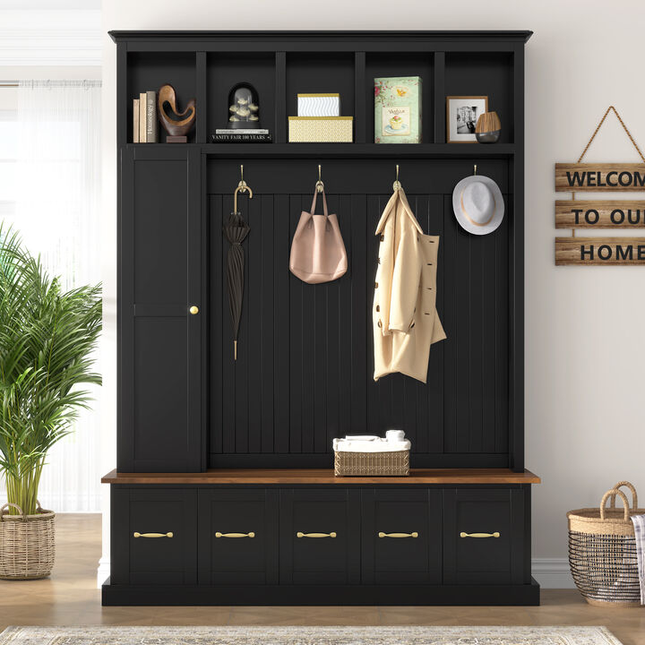 Merax 4-in-1 Entryway Hall Tree with Storage Bench, Hanging Hooks, Open Cubbies & Drawers