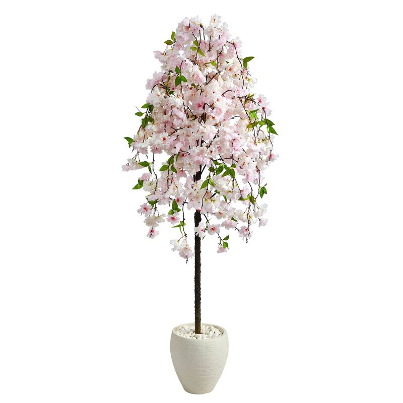 Nearly Natural 70-in Cherry Blossom Artificial Tree in White Planter