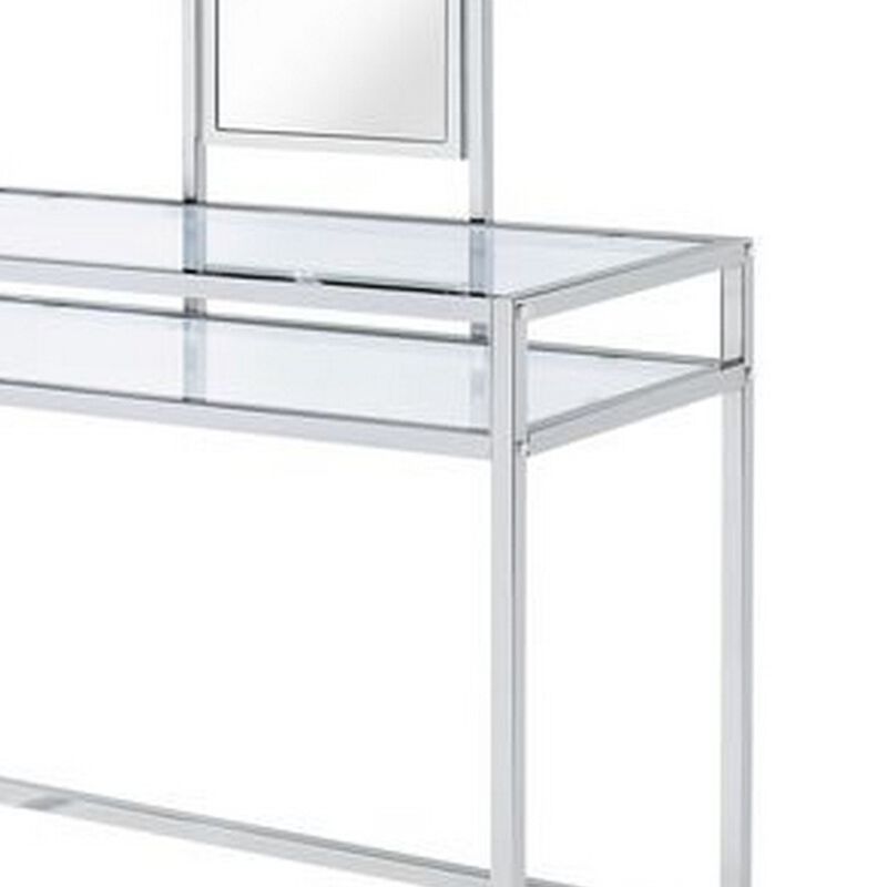 2 Piece Metal Vanity Set, Tempered Glass, Faux Fur Seat, 1 Shelf, Silver-Benzara