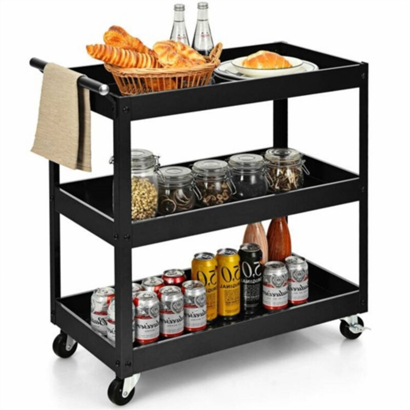 Steel Frame Kitchen Serving Utility Cart on Wheels with 2 Bottom Shelves