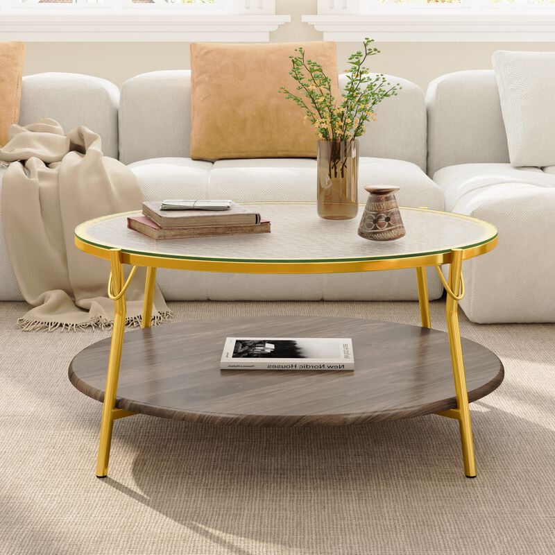 GOODSILO Modern Round Two-Tiered Coffee Table with Glass Top and Gold Metal Base for Contemporary Living Room D&eacute;cor image number 5