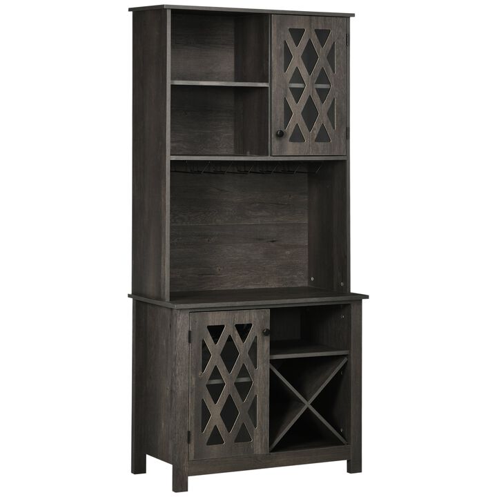 72" Kitchen Pantry, Buffet with Hutch, Cupboard for Microwave, 2 Door Cabinets, Wine Glasses Rack, Wine Rack, Dark Grey