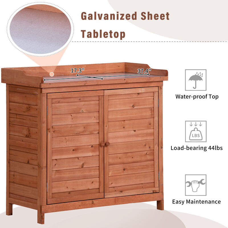 Outdoor Potting Bench Garden Workstation with 2 Shelves & Side Hooks Galvanized Tabletop