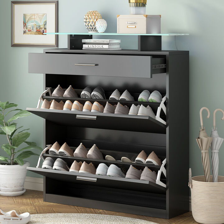 Merax Tempered Glass Top Shoe Storage Cabinet with Drawer