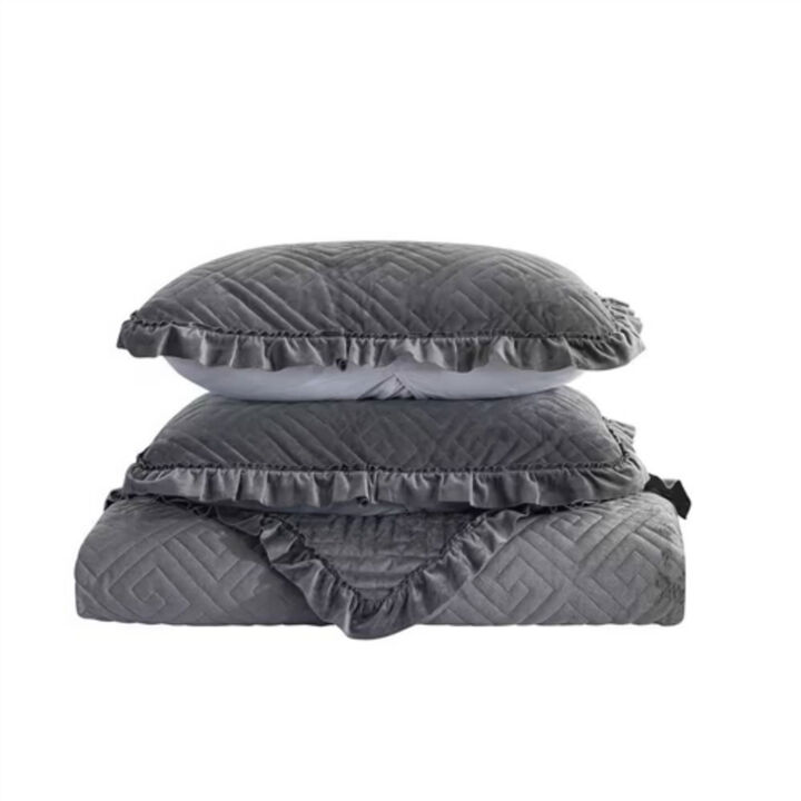 3-Piece Velvet Microfiber Reversible Quilt Set, Cozy Polyester Bedding