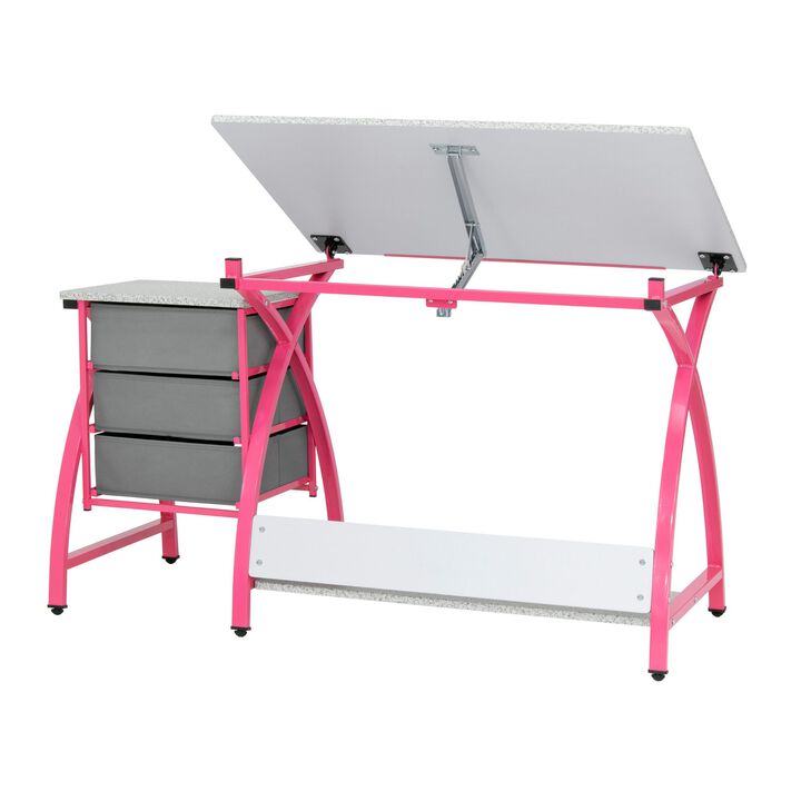 SD STUDIO DESIGNS SD The Comet Center Plus Adjustable Top Craft Table with 24" Pencil Ledge and Matching Padded Stool - Pink / Spatter Gray