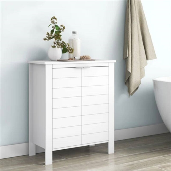 Bathroom Linen Storage Cabinet in Warm Wood Finish with Handy Shelf