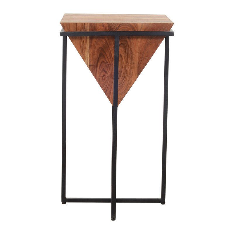 26 Inch Pyramid Shape Wooden Side Table With Cross Metal Base, Brown and Black image number 7