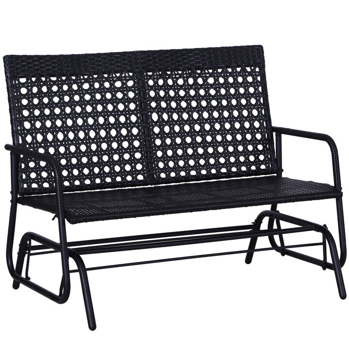 Outsunny Patio 2-Person Wicker Glider Bench Rocking Chair, Outdoor All-Hand Woven PE Rattan Loveseat w/ Ergonomic Design Rocking System for Patio, Garden, Porch, Lawn, Black