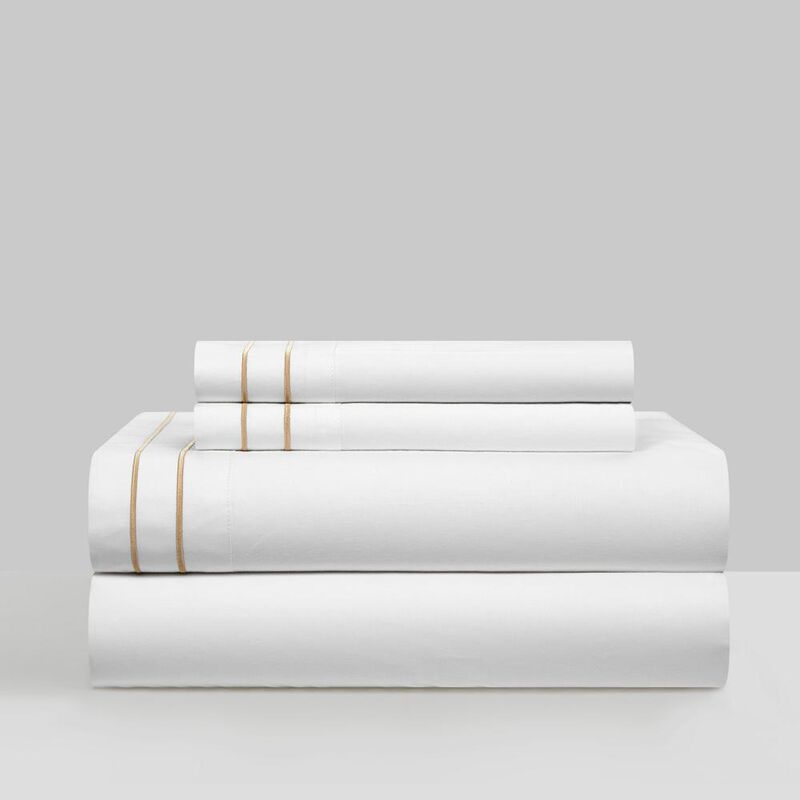 Chic Home Alford Organic Cotton Duvet Cover Set Dual Stripe Embroidered Border Hotel Collection Bed In A Bag Bedding - Includes Sheets Pillowcases Pillow Shams - 7 Piece - King 106x96, Gold
