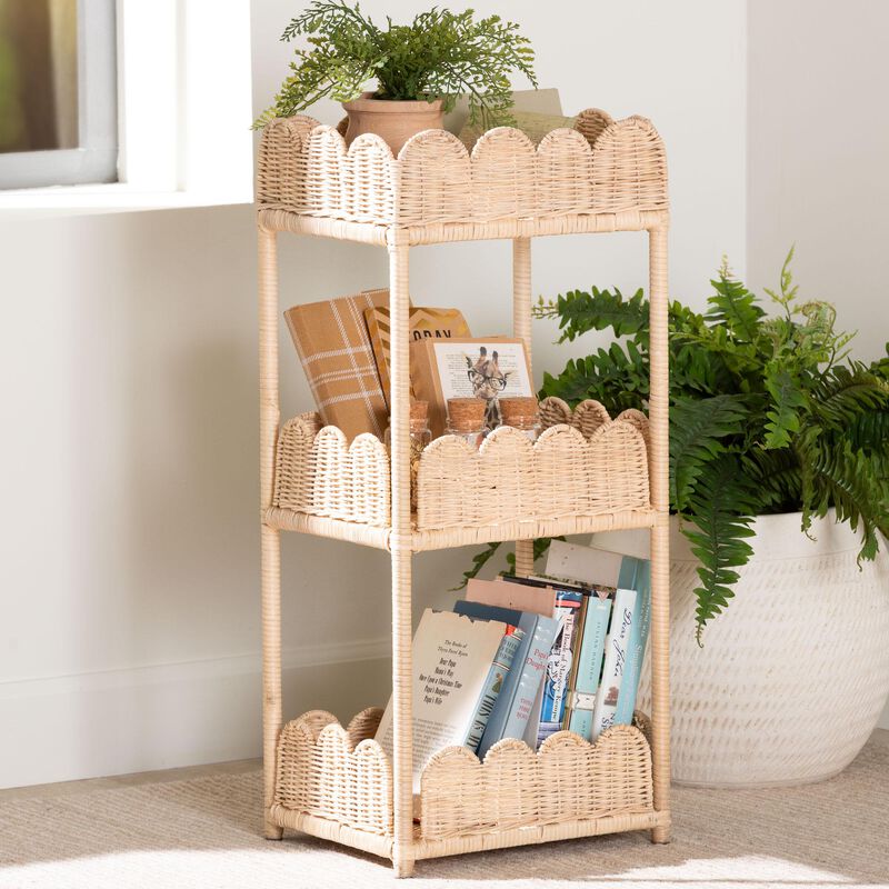bali & pari Brooks Natural Rattan 3-Tier Storage Shelf &ndash; Handwoven Wicker Display Stand with Scalloped Borders, Coastal Boho Accent Furniture image number 1