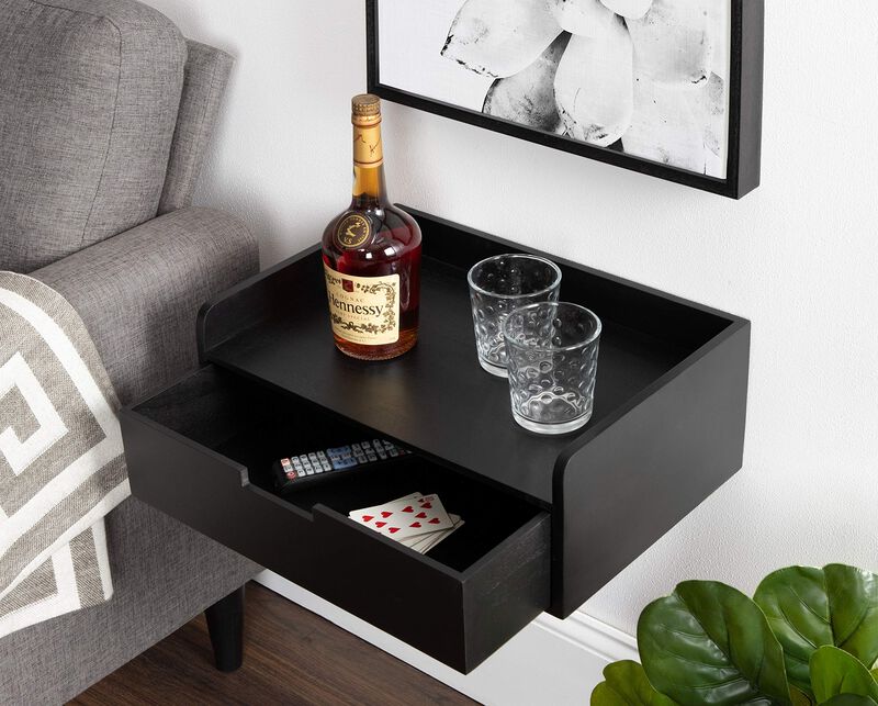 Kate and Laurel Kitt Modern Floating Wall Shelf Side Table with Drawer, 18"" x 12"" x 6.5"", Black