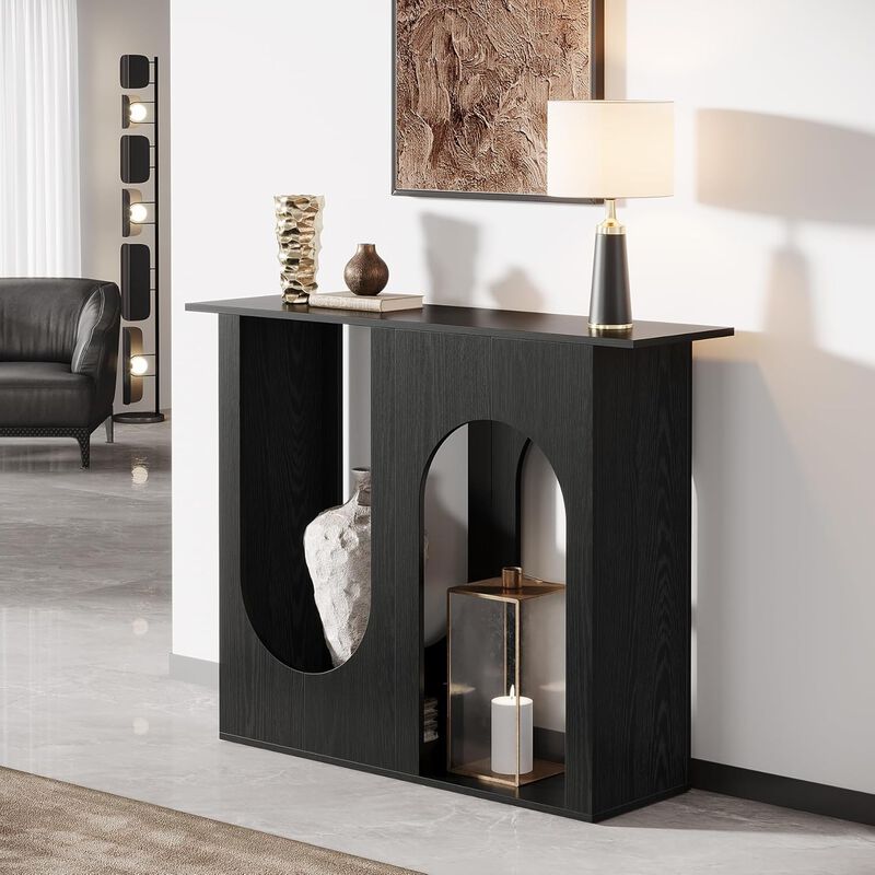 Narrow Black Sofa Console Table Behind Couch with Arched Frame image number 7