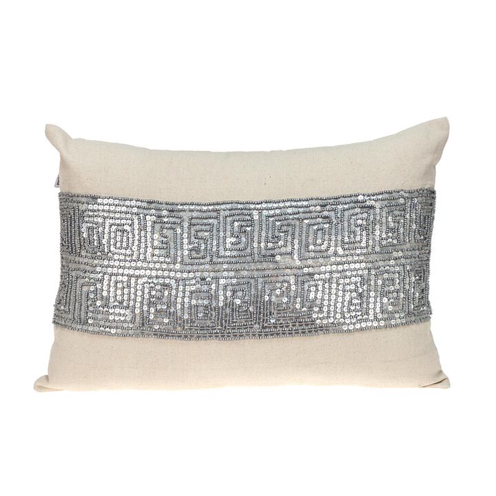 20" Beige and Silver Contemporary Embroidered Throw Pillow