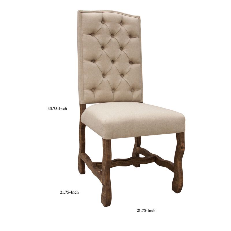 Ebb 22 Inch Dining Chair, Set of 2, Tufted Back, Solid Pine Wood, Brown-Benzara