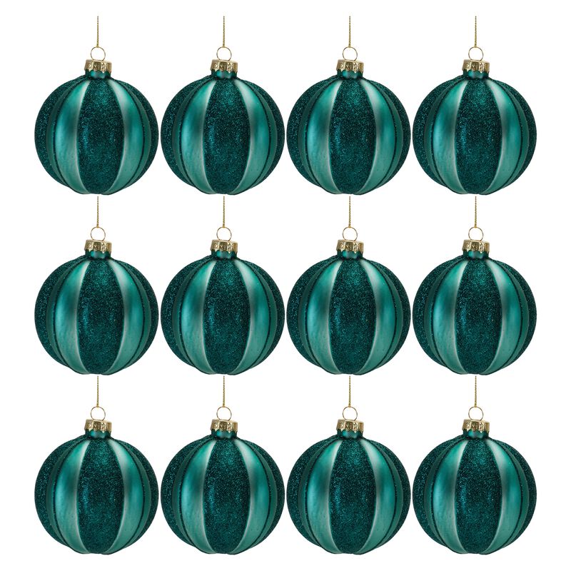 Set of 12 Glittered Glass Ball Ornaments for Christmas Tree or Garland Decor