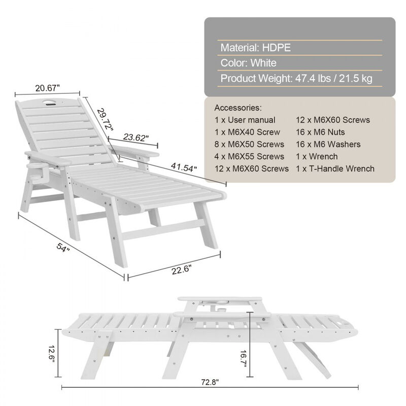 Outdoor Chaise Lounge Chair, 6-Position Adjustable HDPE Recliner with Cup Holder image number 2