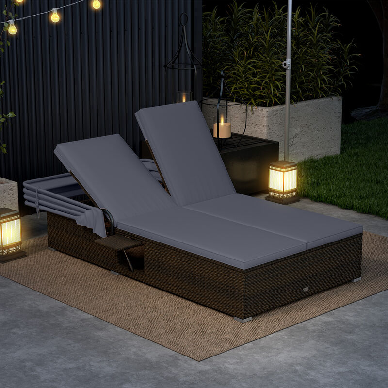 Outdoor Double Chaise Lounge with Shade, Cushions and Foldable Side Trays image number 1