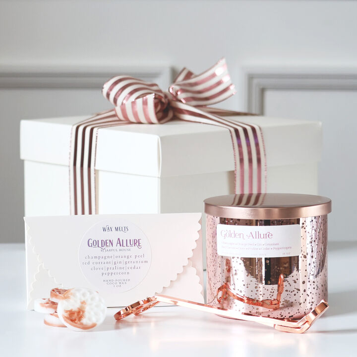 Golden Allure Luxury Candle Gift Set – Elegant Rose-Gold Dessert Candle + Matching Wax Melts
