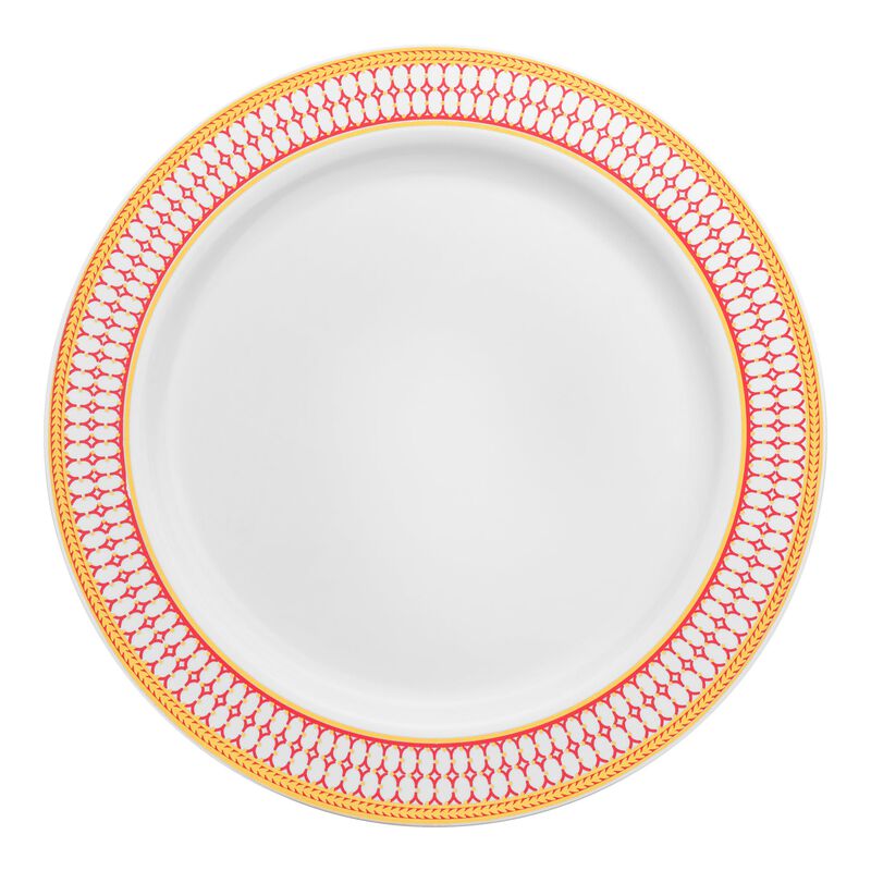 10.25" White with Red and Gold Chord Rim Plastic Dinner Plates (120 Plates) image number 0