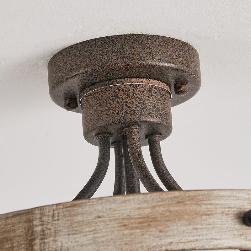 4-Light Rusted Brown Wheel Wood Semi-Flush Mount Ceiling Light