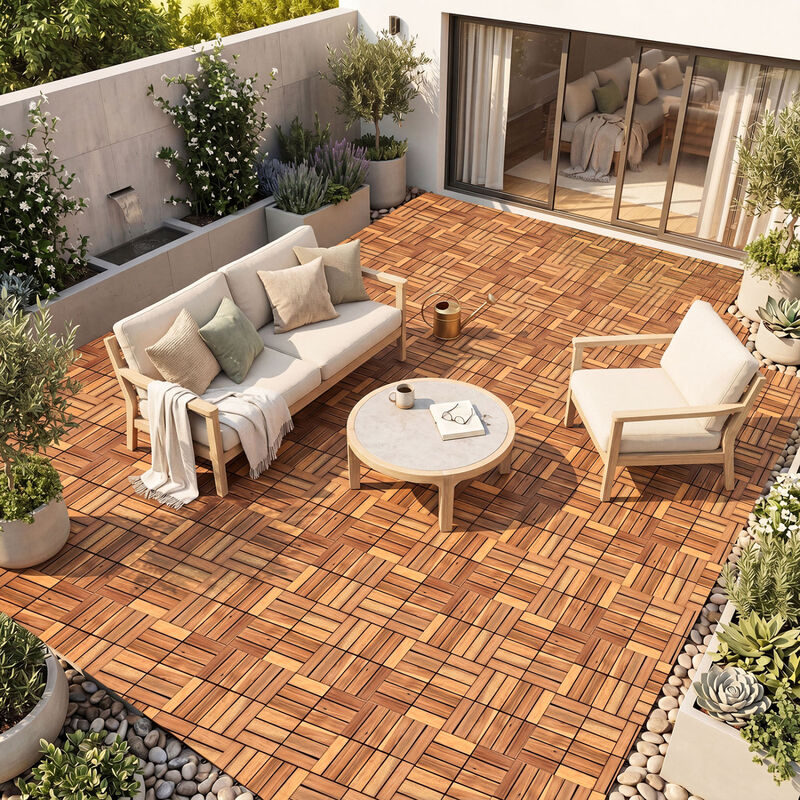 Acacia Wood Interlocking Deck Tiles 54 Piece Set for Outdoor Patio Flooring-Natural image number 1
