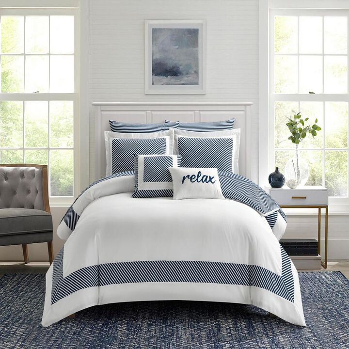 NY&C Home Gibson 9 Piece Comforter Set Striped Hotel Collection Design Bed In A Bag Bedding - Sheets Pillowcases Decorative Pillows Shams Included, King, Navy