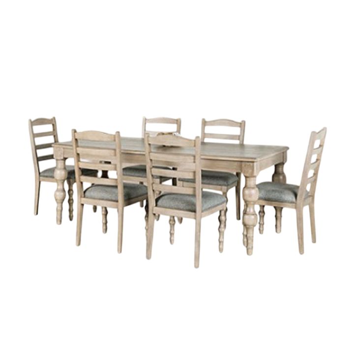 Cherie 7pc Dining Table Set, Turned Legs, 6 Fabric Chairs, Light Brown - Benzara