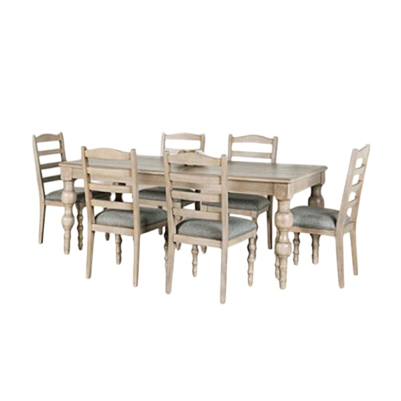 Cherie 7pc Dining Table Set, Turned Legs, 6 Fabric Chairs, Light Brown - Benzara