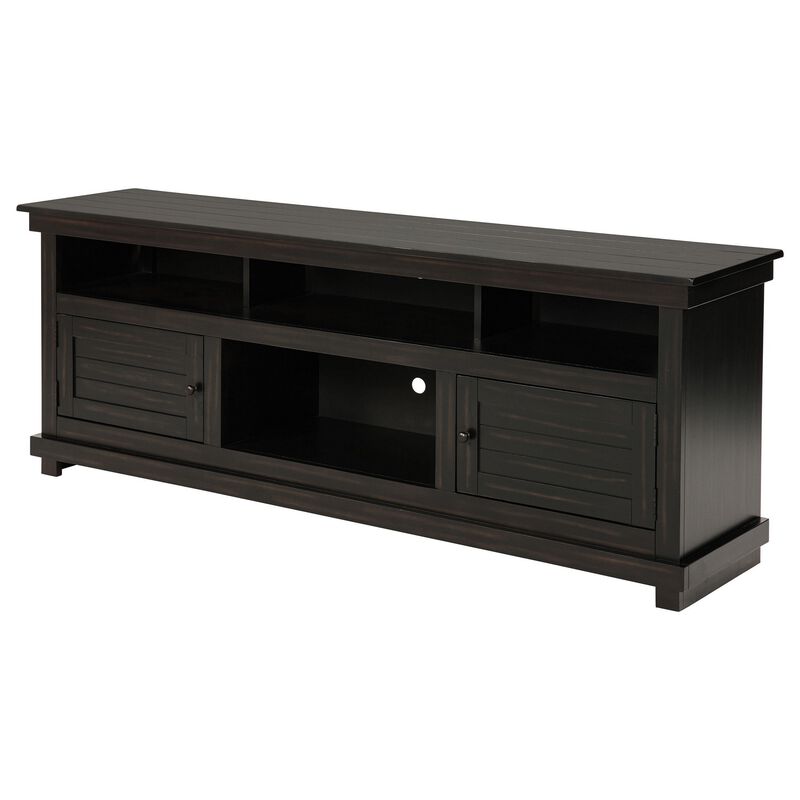 Ayne TV Stand Media Cabinet, 2 Doors and 4 Shelves, Black Wood 70 Inch - Benzara
