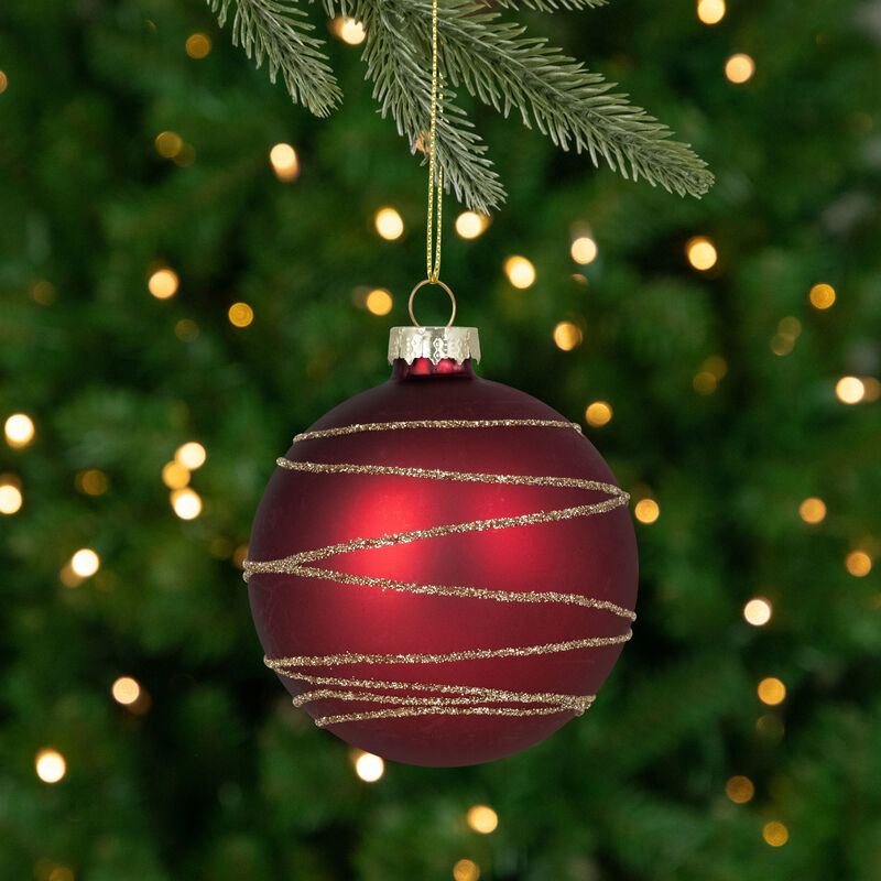 Glittered Golden Stripes Christmas Glass Ball Ornaments - 3" (75mm) - Red and Green - 4ct image number 2