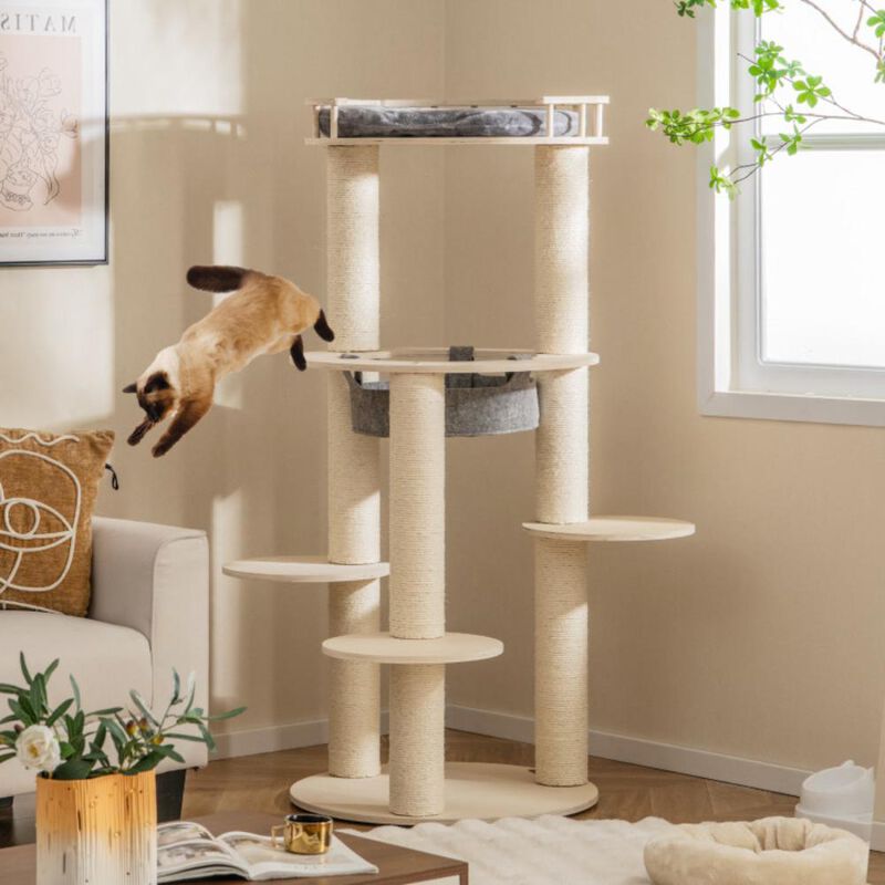 Hivvago 5-level Wooden Cat Tree with Padded Perch Non-woven Hammock
