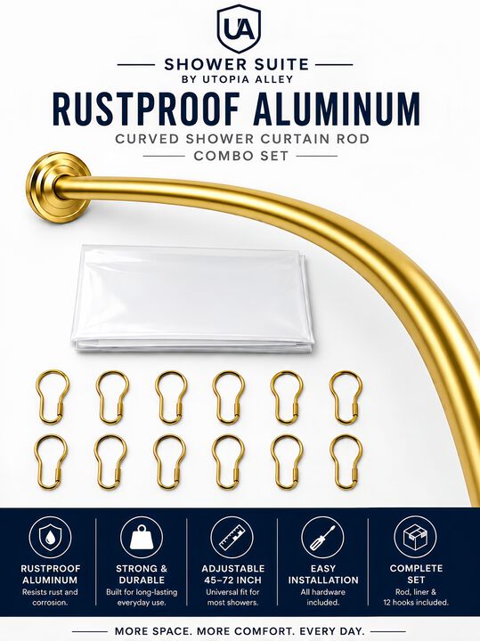 Shower Suite by Utopia Alley &ndash; Rustproof Aluminum Curved Shower Curtain Rod Combo Set with Liner & 12 Hooks, Adjustable 45&ndash;72 Inch Wall Mount Rod