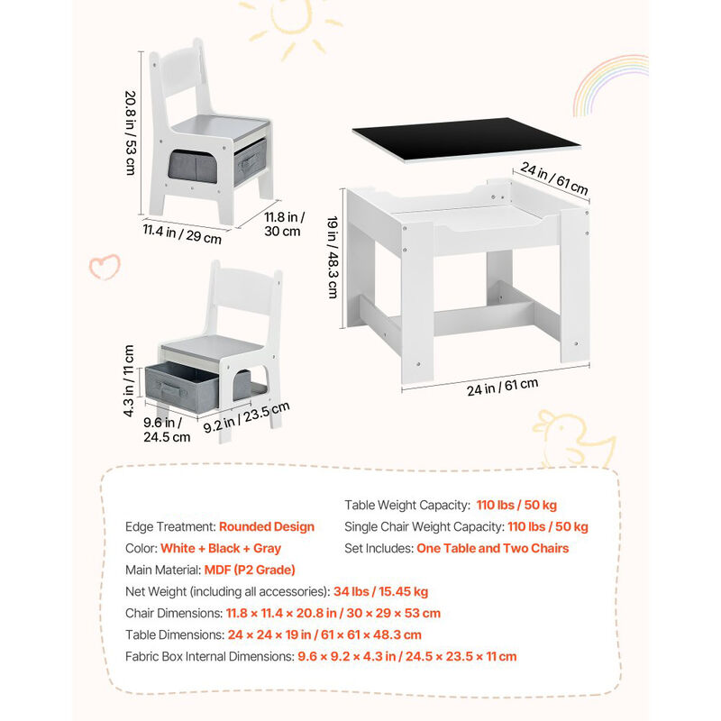 Kids Wooden Desk and 2 Chairs Set with Storage for Crafts and Reading-White image number 2