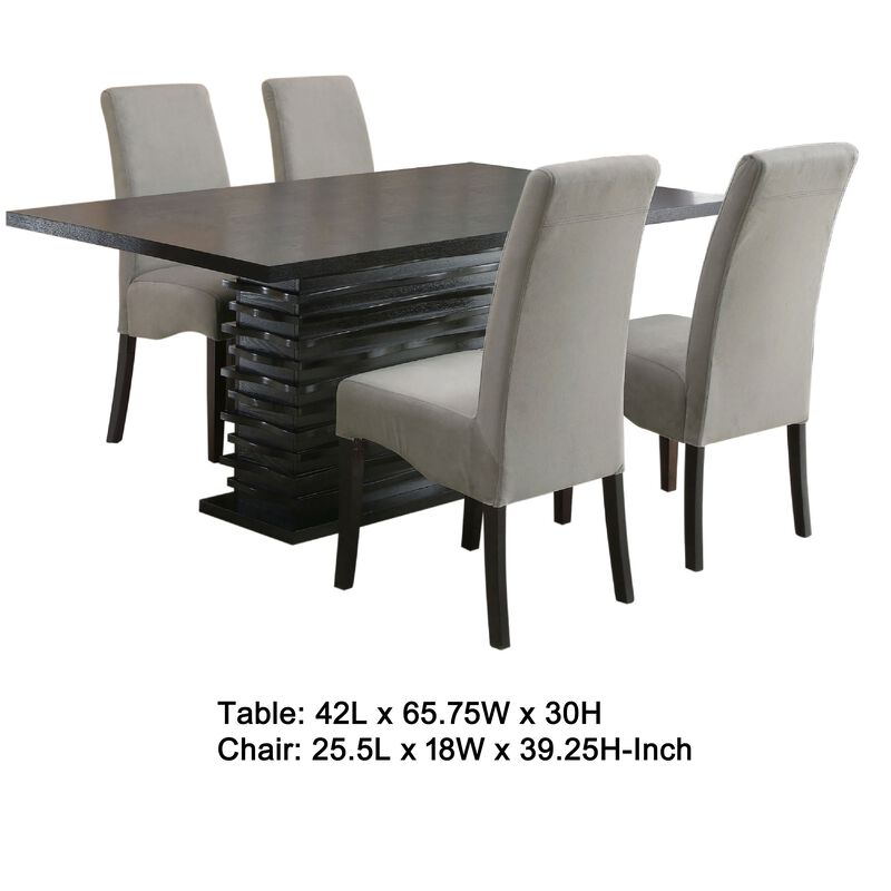 Tela 5pc Dining Table and 4 Chairs Set, Black Pedestal Base, Gray - Benzara