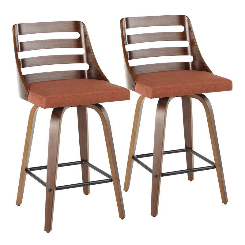 Trevi Mid-Century Modern Counter Stool in Walnut Wood and Orange Fabric by LumiSource - Set of 2