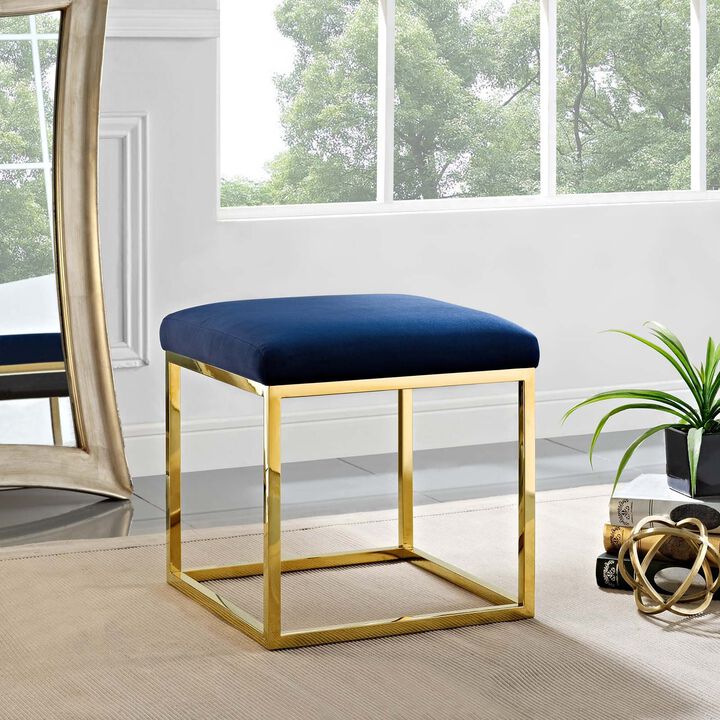 Modway Anticipate Velvet Upholstered Modern Ottoman With Stainless Steel Frame in Gold Navy