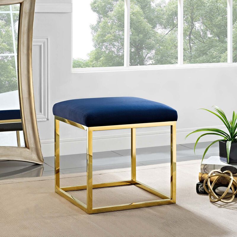 Modway Anticipate Velvet Upholstered Modern Ottoman With Stainless Steel Frame in Gold Navy image number 1