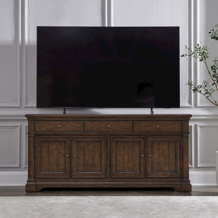 Liberty Furniture Arden Road TV Console, 74 Inch, Satin Cherry, 3 Drawers, 4 Doors